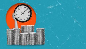 Modern art collage featuring a stack of coins and a hand with a watch on a blue background, copy space. Concept time is money, make money.